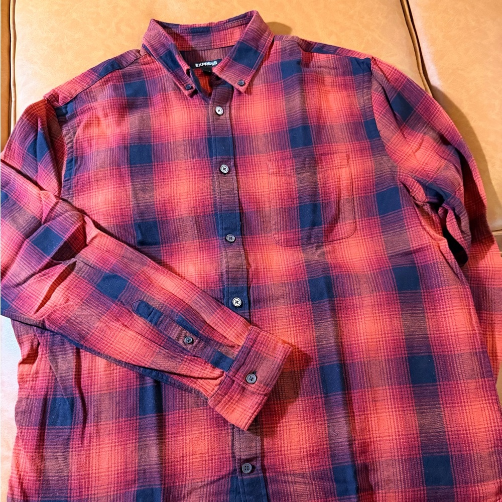 Express Men’s Red & Black Plaid Button-Down Flannel Shirt